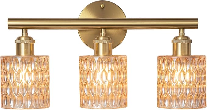 Bathroom Vanity Light, Gold Wall Fixture Over Mirror, Amber Glass Shade Lighting with Bulbs Included for Bedroom & Living Room,3-Lights