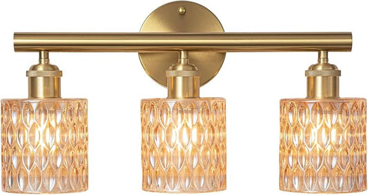 Bathroom Vanity Light, Gold Wall Fixture Over Mirror, Amber Glass Shade Lighting with Bulbs Included for Bedroom & Living Room,3-Lights