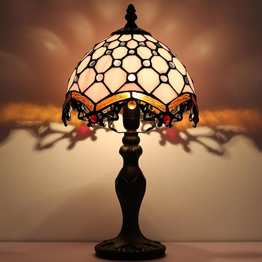 Tiffany Style Lamp Stained Glass Table Lamp 8 x 14.5” Mini Accent Light Pink Beads Design Small Decorative Bedside Reading Memory Lamp