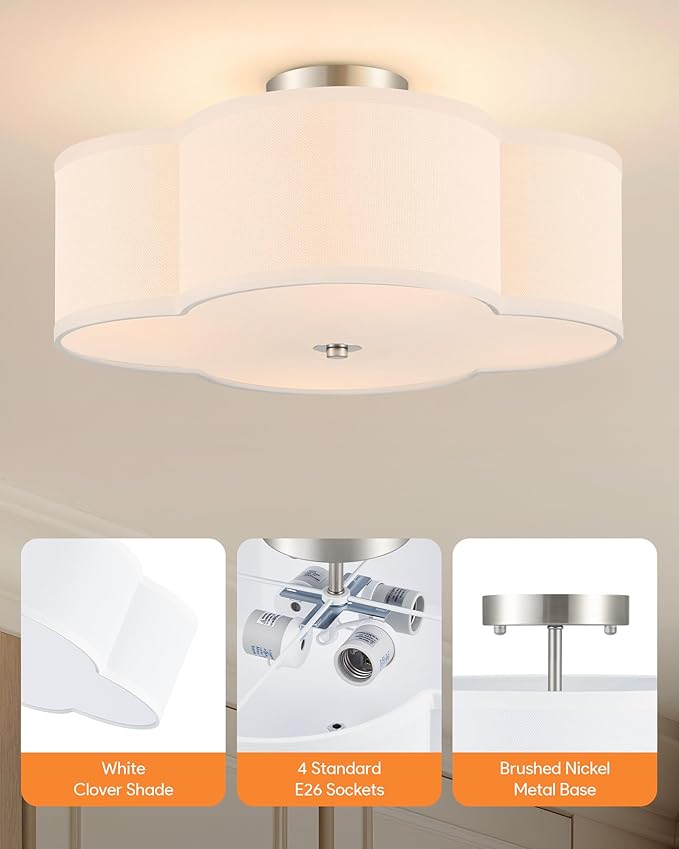 VONLUCE Semi-Flush Mount Ceiling Light, 15.8" Modern 4-Light Ceiling Light Fixture with White Clover-Shaped Shade 4 E26 Sockets for Bedroom Entryway Living Room, Nickel Finish, ETL Certificated - Aura Lighting