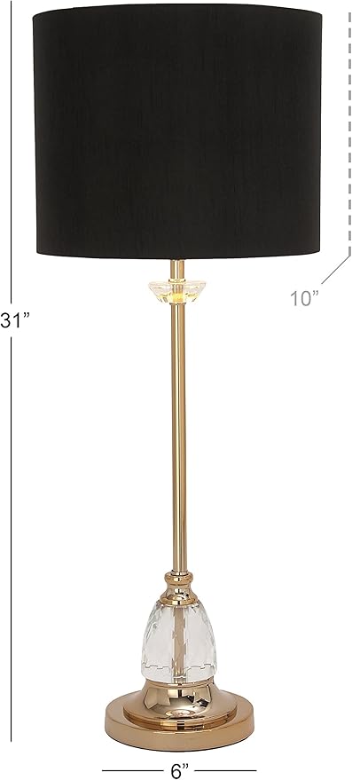 Deco 79 Metal Room Buffet Lamp Table Lamp with Black Shade and Crystal Accent, Lamp 12" x 12" x 31", Gold