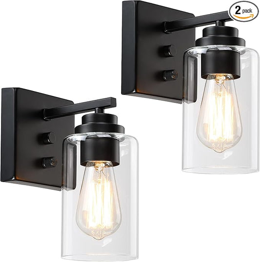 Pia Ricco Wall Sconces Set of Two, Bedside Wall Lamps with Rotary Switch for Bedroom, Modern Bathroom Light Fixtures with Clear Glass Shade, Black Sconces Wall Lights for Living Room, Hallway, Kitchen - Aura Lighting