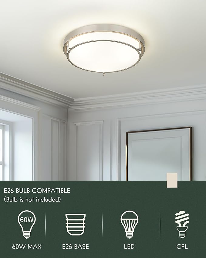 16 inch Close to Ceiling Light Fixtures, Brushed Nickel Farmhouse Ceiling Light with 3 Light for Laundry Kitchen Bedroom Bathroom, CL4822-3W-BN - Aura Lighting