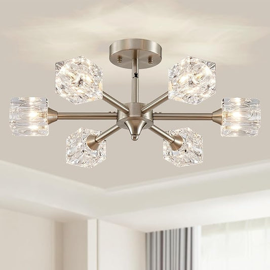 XINGQI Brushed Nickel Chandelier 6-Light 20" Semi Flush Mount Ceiling Light Fixture Modern Round Sputnik Chandelier for Bedroom Entryway Dining Room Living Room - Aura Lighting