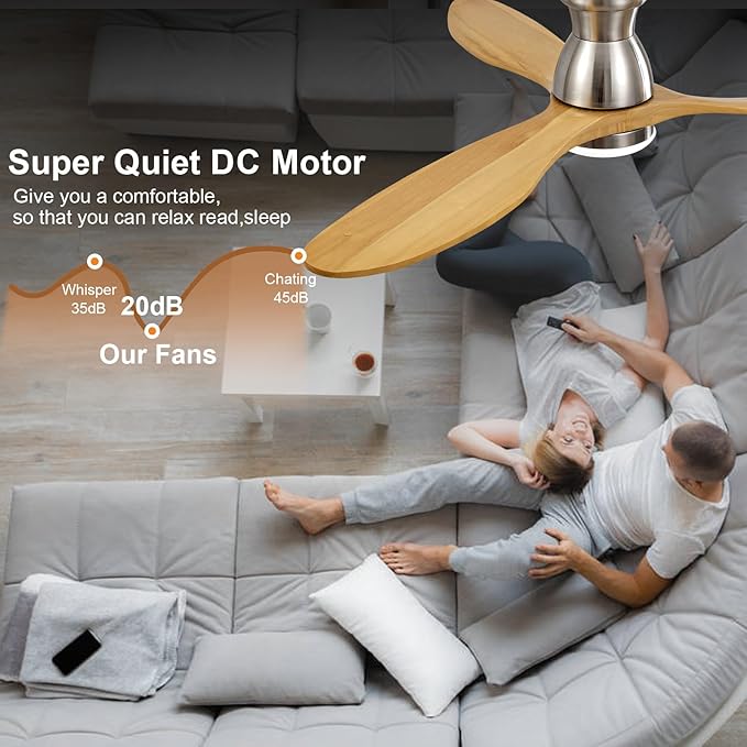 Dimmable 52 Inch Flush Mount Ceiling Fans with Lights and Remote, 3 Blade Wood Bedroom Ceiling Fan with Lights Low Profile Ceiling Fan with Light Brushed Nickel Outdoor Ceiling Fans for Patios
