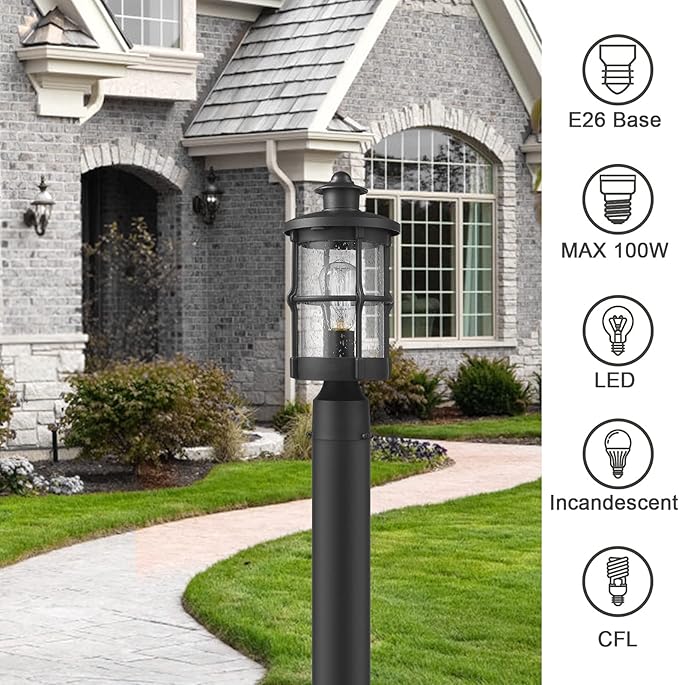 Outdoor Post Lights, Exterior Post Sconce, Outdoor Lamp, Pathway Post Lighting Fixture, Patio Pillar Light in Black Finish with Seeded Glass
