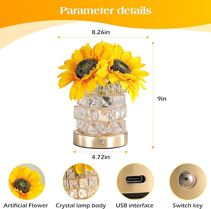 Sunflowers Flower Lamp,Rechargeable Cordless Touch Table Lamp,3-Colour Infinitely Dimming Small Night Light,Festival Restaurant Bedroom Bar Coffee Shop Birthday Gifts for Women Mom