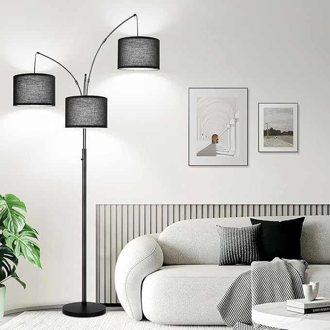 Dimmable Floor Lamp, 3 Lights Black Arc Floor Lamps for Living Room, Modern Tall Standing Tree Lamp with Black Shade & Heavy Base, Large Floor Lamp for Bedroom Office, 3x1000 LM LED Bulbs Included