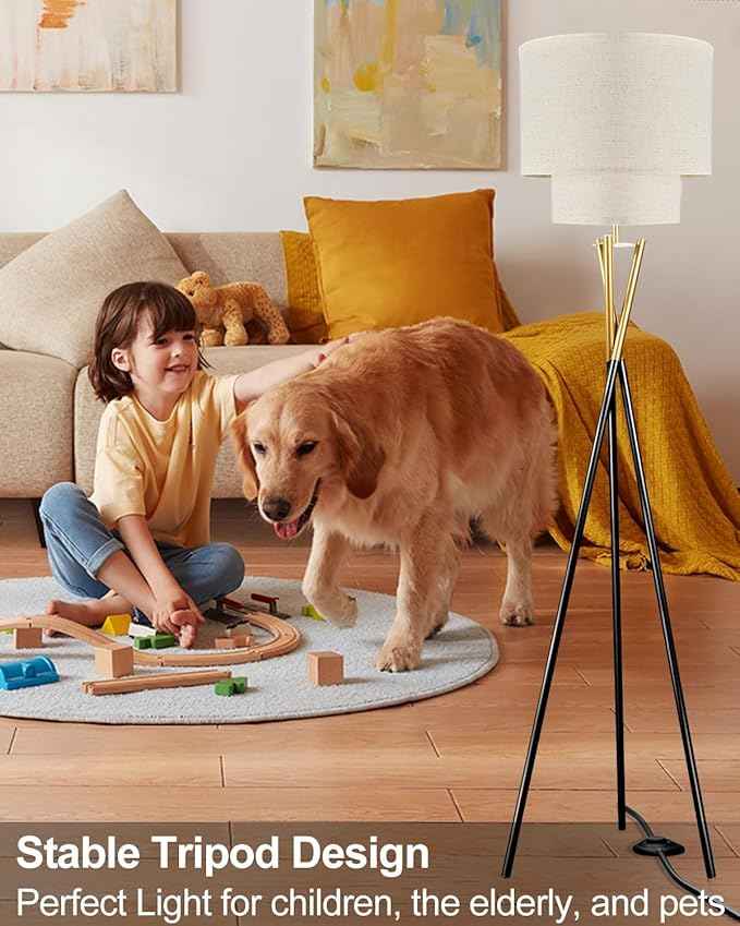 Lightdot Glod&Black Tripod Floor Lamp, Modern Floor Lamps for Living Room, Standing Lamp with Dual Drum, E26 Bulb Included, 67.7" Tall Floor Lamp for Bedroom, Home Office