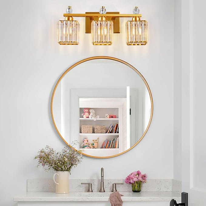 Bathroom Vanity Lights 3-Light Modern Crystal Vanity Light Gold Bathroom Light Fixtures Over Mirror Crystal Bathroom Vanity Lighting Fixtures - Aura Lighting