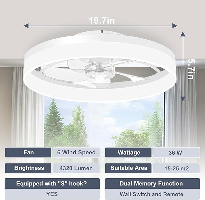 VOLISUN Low Profile Ceiling Fans with Lights and Remote, 19.7in Fandelier Ceiling Fan Flush Mount, 3000K-6500K Smart Bladeless LED Fan Light, White Modern Ceiling Fans with Lights for Bedroom - Aura Lighting