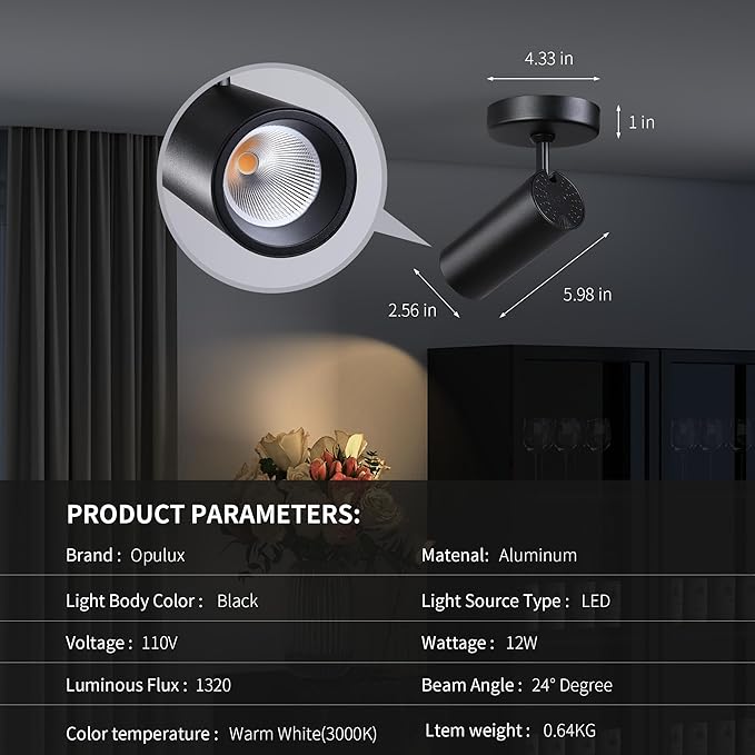 12W LED Dimmable Ceiling Spotlight Indoor - Adjustable Surface Accent Lamp for Corridor, Living Room, Warm White 3000K, CRI 97, Anti-Glare Picture Artwork Spot Light, Black