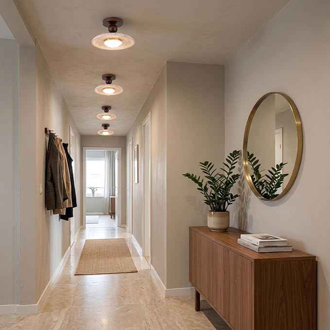 Mid-Century Travertine LED Ceiling Light, 3-Color Dimming Modern Round Natural Stone Walnut Wood Ceiling Lamp, Minimalist Flush Mount Overhead Lighting Fixture, for Living Room Bedroom
