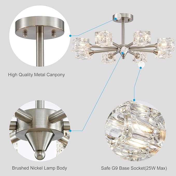 XINGQI 8-Light Semi Flush Mount Ceiling Light Fixture Modern Brushed Nickel Sputnik Chandeliers for Dining Room Living Room Kitchen Bedroom Entryway - Aura Lighting