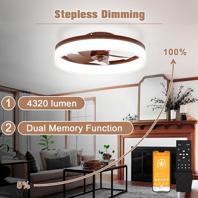 VOLISUN Farmhouse Ceiling Fans with Lights and Remote, 19.7in Low Profile Ceiling Fan Flush Mount, 3000K-6500K Dimmable Bladeless LED Fan Light, Fandelier Ceiling Fans with Lights for Bedroom(Walnut) - Aura Lighting
