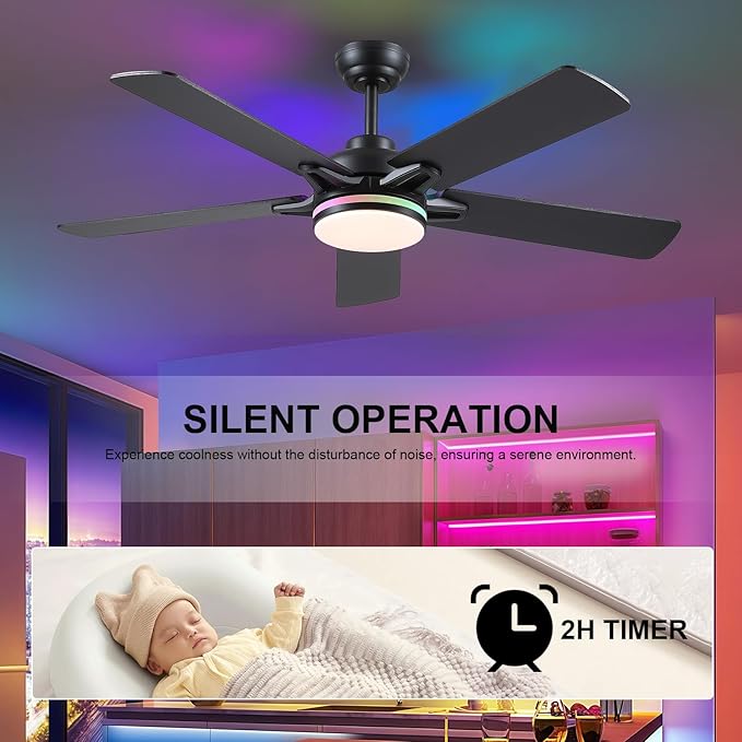 52 Inch Ceiling Fans with Lights and Remote/APP Control, Modern Ceiling Fan with RGB Lights for Bedroom Living Room Patio Porch Outdoor, Reversible Quiet Motor, 5 Wood Blades, Black