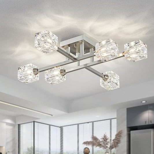 XINGQI Brushed Nickel Ceiling Light Fixture 6-Light Modern Sputnik Chandelier Semi Flush Mount Ceiling Lights for Bedroom Dining Room Living Room Entryway - Aura Lighting