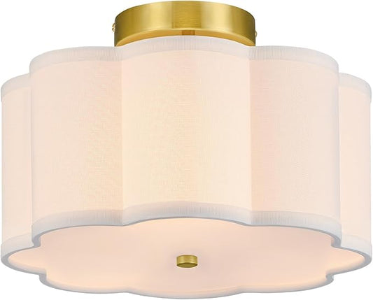 VONLUCE Semi Flush Mount Ceiling Light, 12.6" Ceiling Light Fixture with Flower-Shaped Fabric Shade, 3-Light Modern Light Fixture for Bedroom Living Room Nursery Hallway, White Shade & Gold Finish - Aura Lighting