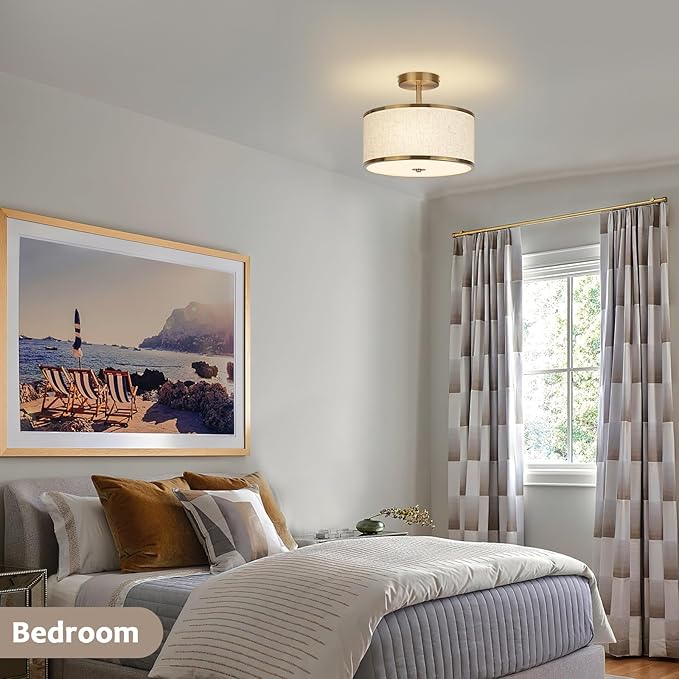 12.6 Inch Semi Flush Mount Ceiling Light, 3-Light Drum Lamp with Gold Brass Finish and Beige Shade, Ideal for Bedroom, Kitchen, Dining Room, Hallway, Entryway, and Foyer, - Aura Lighting