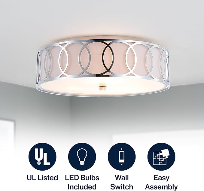 JONATHAN Y 12.25" Chrome Modern Metal LED Flush Mount Ceiling Light for Bedroom Hallway, White Linen Drum Shade with Geometric Fretwork, LED Bulbs Included (JYL3503B)