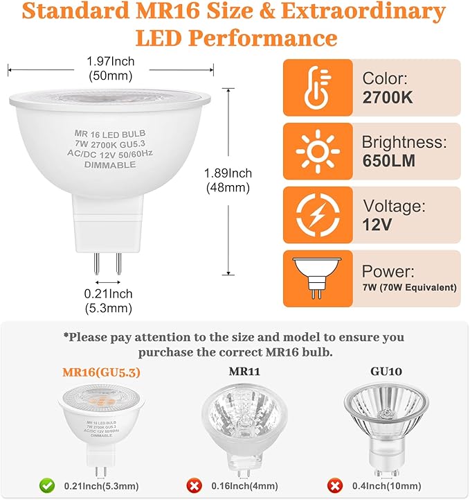 Yochoice 12-Pack MR16 LED Dimmable Light Bulb 70 Watt Halogen Equivalent, 2700K Warm White 7W GU5.3 12V Low Voltage Spotlight Bulb, Track Light Bulb for Outdoor Flood Landscape Lighting