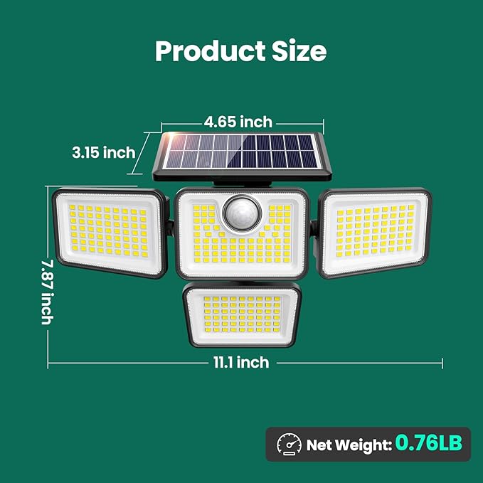 4500LM Solar Lights Outdoor, 4 Adjustable Heads Motion Sensor Lights, 3 Mode, 6500K, IP65 Waterproof Solar Security Wall Lights, Remote Control Flood Lights, Graden, Outside, Backyard, 2 Pack