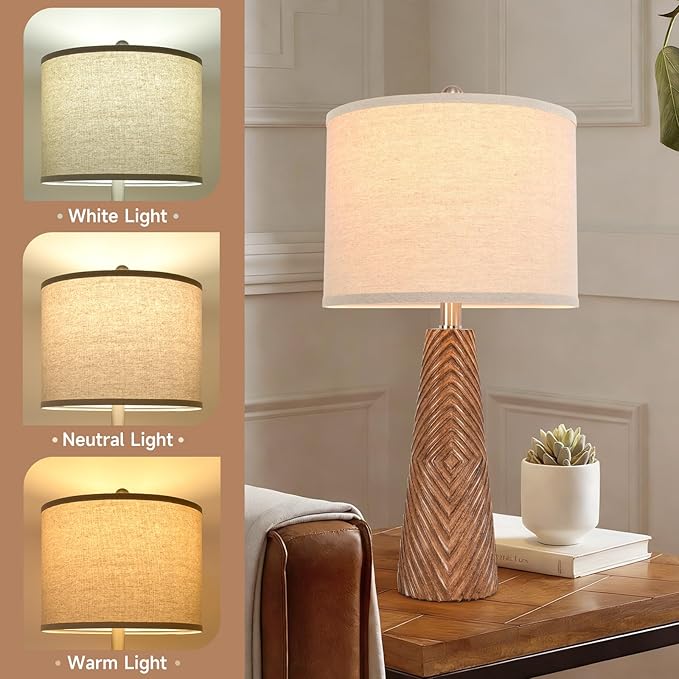 Terpsichore Nightstand Lamp Bedside Lamps Set of 2 Vintage Rustic Farmhouse Table Lamp 3 Way Dimmable Horizontal Stripe Light,for Living Room Bedroom,USB A+C (Brown, Hing 24 Inch)