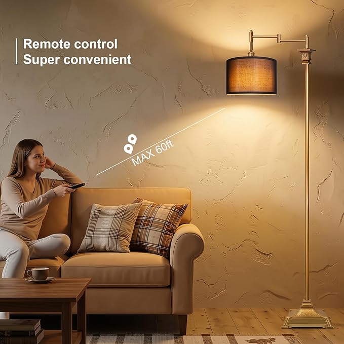 Scenekoy 68″ Tall Smart LED Floor Lamp for Living Room Bedroom, Antique Gold Finish, Remote Control, 350º Adjustable Swing Arm Standing Lamp with Black Shade, Decor for Reading House Home Office