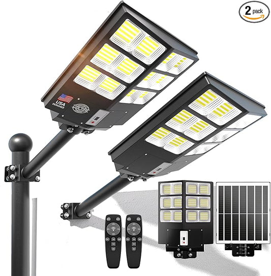 Solar Street Lights Outdoor, 6500K Solar Lights Outdoor Waterproof Dusk to Dawn, Security Flood Light with Motion Sensor and Remote for Yard, Garage, Driveway (2000W-(2 Pack))