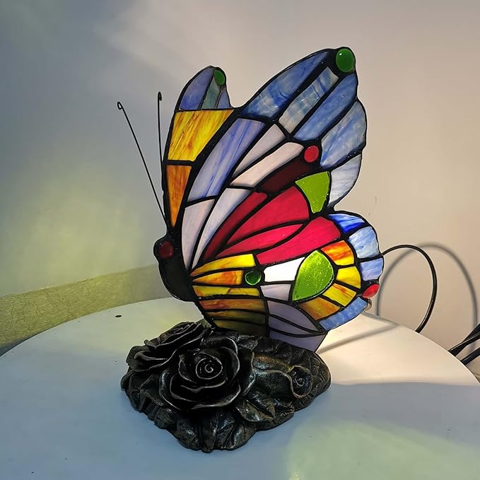 Bieye L10042 Butterfly Tiffany Style Stained Glass Accent Table Lamp Night Light for Bedside Bedroom Living Room (Multi-Colored E)