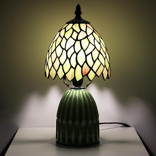 Tiffany Lamp Stained Glass Mushroom Table Lamps 6X6X12.5 Inch Brownish Green Leafage Style Small Night Light Ceramic Base Mini Accent Desk Light Suitable for Bedside Table Bedroom Children Room