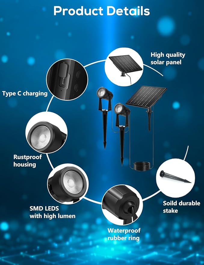 ZYAN Solar Landscape Spot Lights Outdoor 48ft Cable 12W Monocrystalline Panels & USB-C Powered 10800mAh All-Night Lighting Auto Dusk to Dawn IP65 Waterproof Warm White LED Uplights Yard Pathway Tree