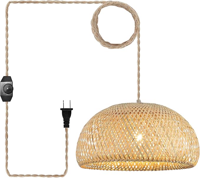Bamboo Large Plug in Pendant Light with 14ft Handmade Woven Light Cord, Dimmable Switch, Rustic Basket Hanging Lamp for Bedroom Kitchen Island Farmhouse Dining Room Living Room,17.8 inch Width