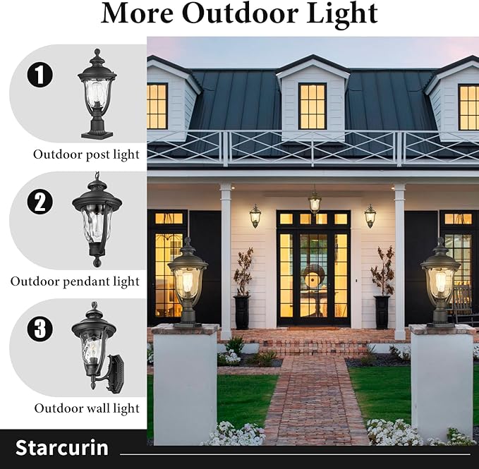 Outdoor Post Lights, Modern Exterior Lamp Posts Light Fixtures, Waterproof and Anti-Rust Aluminum Outside Pole Latern for Porch Patio Garden, Water Ripple Glass Lamp Shade, Black Finish