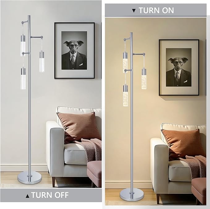 Bubble Crystal Floor Lamps for Living Room, Industrial Modern Standing Lamp with 3 Built-in LED Lights, ON/Off Foot Switch, 65IN Tall Tree Floor Lamp for Bedroom Corner Home Office, Silver