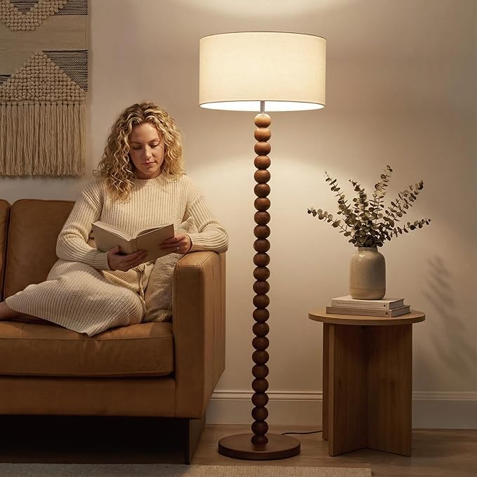 Buruis 61" Beaded Wood Floor Lamp with 17.2" Large Linen Shade, UL Listed, Retro Mid-Century Accent Walnut Finish Standing Lamp for Living Room, Bedroom, Office, Corner, Bulb Not Included, Beige