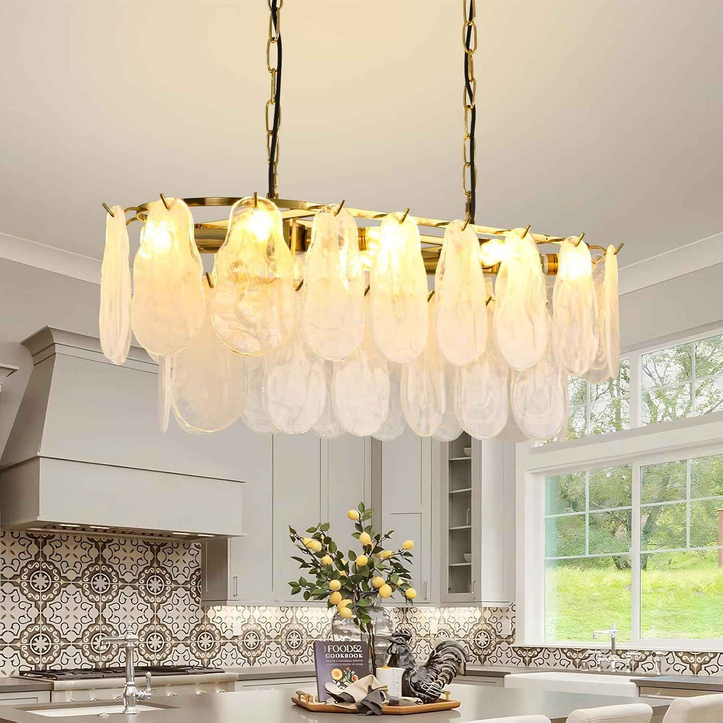 KELUOLY Gold Rectangle Chandeliers for Dining Room Modern Island Light Crystal Cloud Glass 8-Light Chandelier 2 Tier Rectangular Linear Pendant Hanging Ceiling Light Fixture for Kitchen L31.5” (E12)