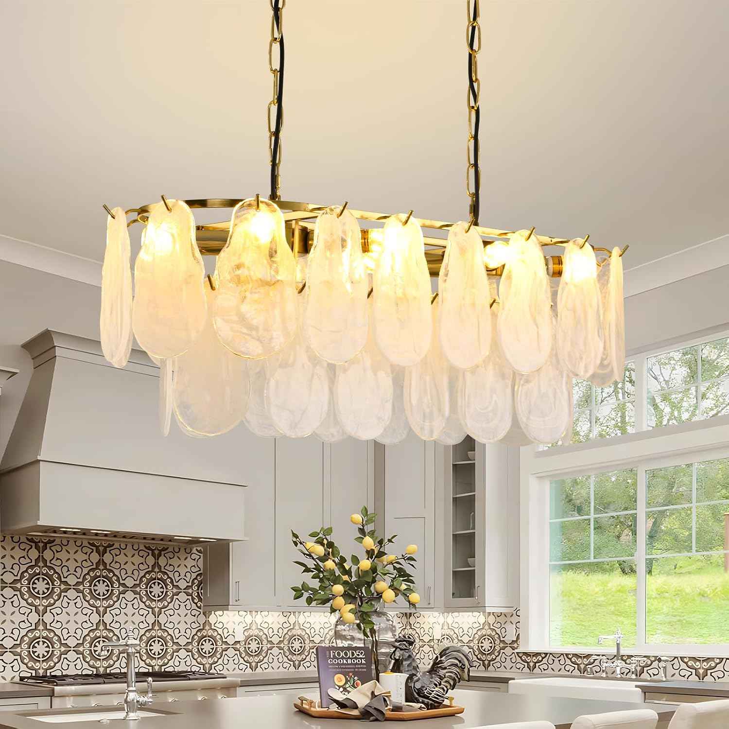 KELUOLY Gold Rectangle Chandeliers for Dining Room Modern Island Light Crystal Cloud Glass 8-Light Chandelier 2 Tier Rectangular Linear Pendant Hanging Ceiling Light Fixture for Kitchen L31.5” (E12)
