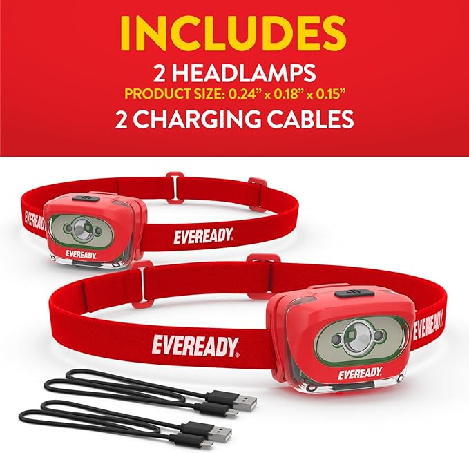 Eveready X200 LED Rechargeable Headlamps (2-Pack), Super Bright IPX4 Water Resistant Head Lights for Running, Camping, Emergency, Outdoors (USB Cable Included)