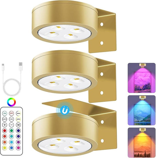 13 RGB Color Changing Led Art Display Light for Picture Frame,Rechargeable Battery Operated Led Painting Light with Remote Control Dimmable & Timer,3Pack Gold