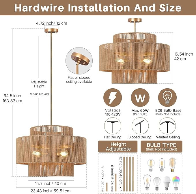 24'' Boho Rattan Chandelier, 4-Light Hand-Woven Wicker Pendant Lamp, Rustic Modern Ceiling Light Fixture for Dining Room, Kitchen Island, Living Room, Bedroom, Foyer, Entryway, Over Table - Aura Lighting