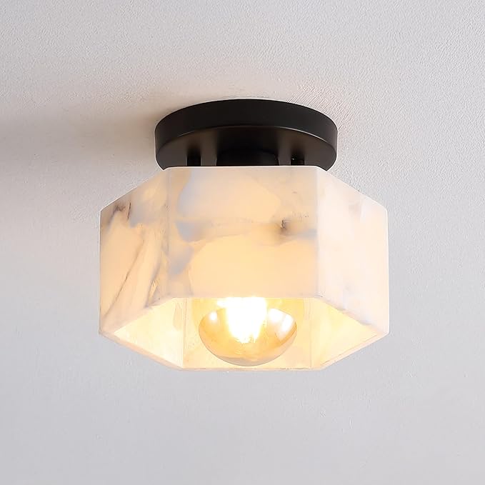 JONATHAN Y 8" White Marbling/Black Modern 1-Light Hexagonal LED Semi Flush Mount Ceiling Light, White Alabaster Marble Shade, Glam Lamp for Hallway, Bedroom, Bathroom, LED Bulb Included (JYL1204B)