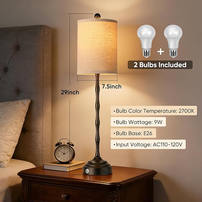 Qimh Buffet Lamps for Night Stands, 30.5" Tall Skinny Beside Lamps Set of 2 with Linen Shade and Stable Base, 2 LED Bulbs Morden Table Lamps for Living Room, Bedroom, Dinning Rooms, Entry, Home(Black)
