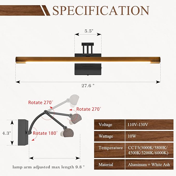 VitaLink LED Picture Light, 27.5" Hardwired Wooden Dimmable Wall Light with Adjustable Swing Arm Wall Pictures Artworks Paintings Display Lighting Bathroom Wall Lamp Vanity Light 5CCT