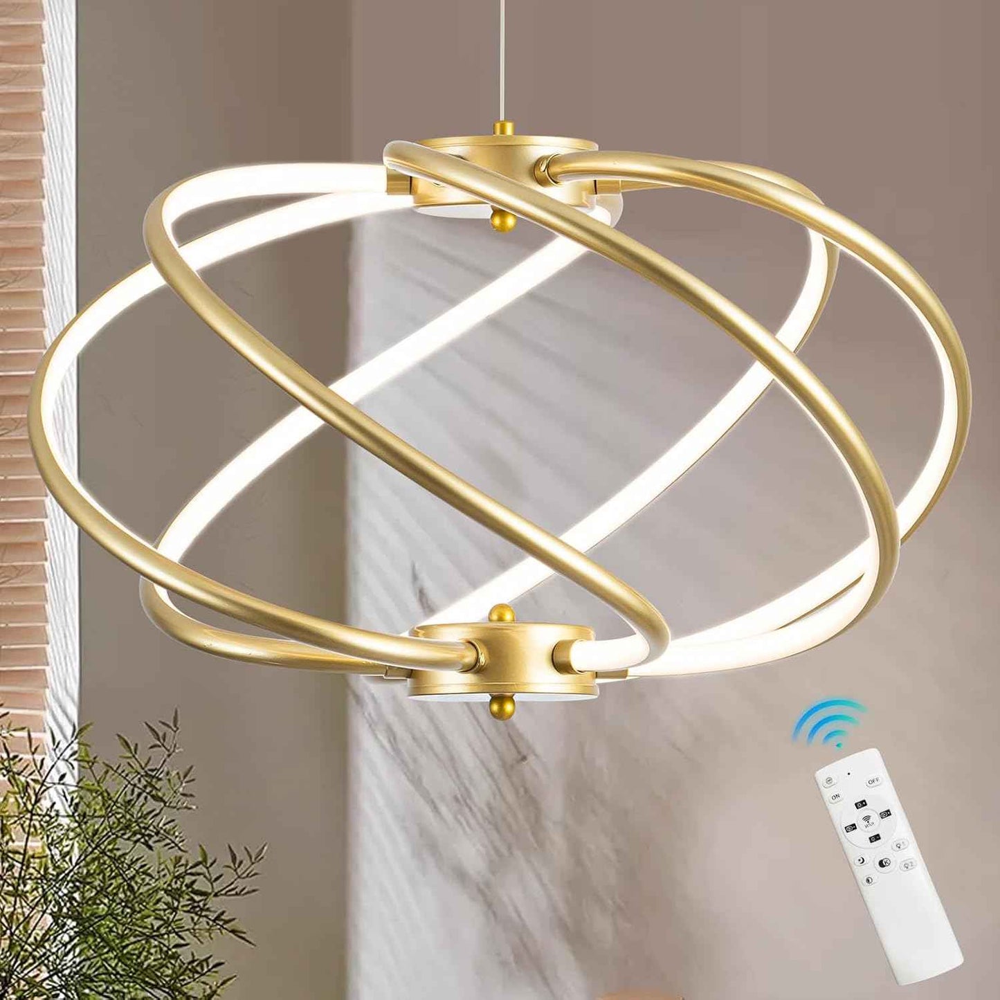 Gold Modern Chandelier with Remote Control, 48W 3-Color Temperature Dimmable LED Chandelier for Dining Room, Hanging Adjustable Pendant Light for Living Room Kitchen Foyer Entryway