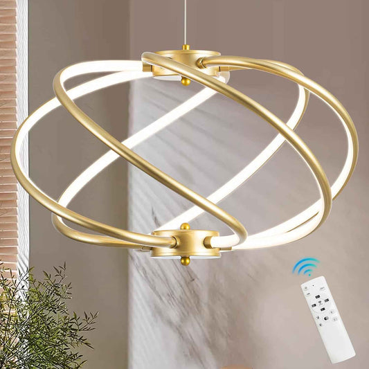 Gold Modern Chandelier with Remote Control, 48W 3-Color Temperature Dimmable LED Chandelier for Dining Room, Hanging Adjustable Pendant Light for Living Room Kitchen Foyer Entryway