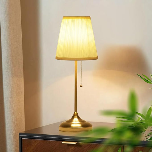 Modern Table Lamp for Bedroom, Gold Bedside Lamp, Farmhouse Nightstand Lamp with Pull Chain Switch, 20" Small Table Lamp for Reading, Hotel, Buffet Candlestick