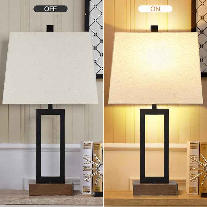 Table Lamp for Bedroom Set of 2 with 2 USB Ports and AC Power Outlet, 23.5" Modern Bedside Lamp, Wood Nightstand Lamp with Linen Shade for Living Room Hotel Desk(LED Bulb Included)
