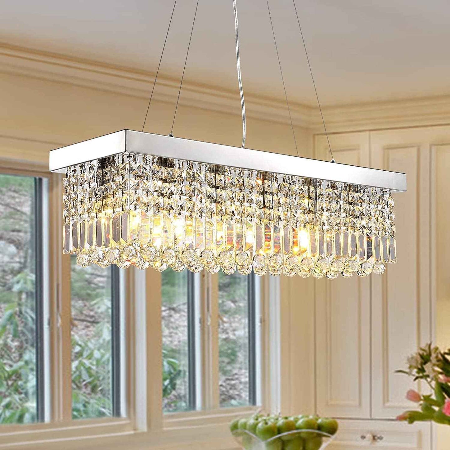6-Light Modern Crystal Chandelier for Dining Room, Rectangular K9 Crystal Raindrop Chandelier, Rectangle Pendant Ceiling Light Fixture for Living Room Kitchen Island L31.5'' x W10'' x H10''