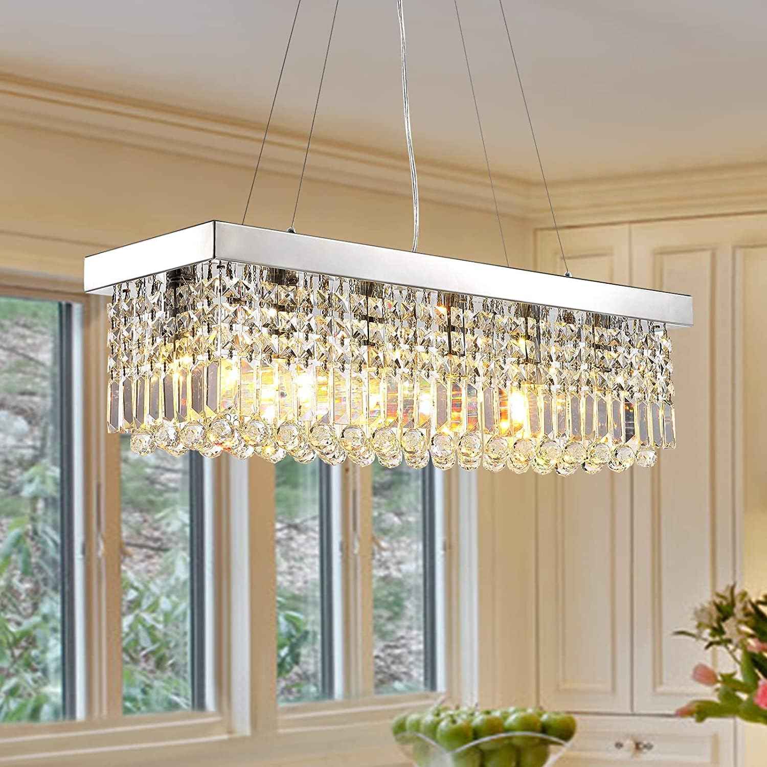 6-Light Modern Crystal Chandelier for Dining Room, Rectangular K9 Crystal Raindrop Chandelier, Rectangle Pendant Ceiling Light Fixture for Living Room Kitchen Island L31.5'' x W10'' x H10''